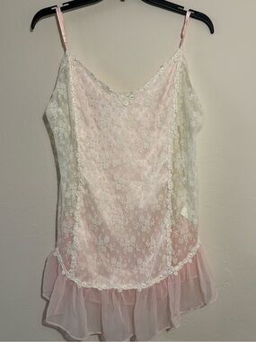 Vintage Delicates Pink Floral Lace Babydoll Top Ruffle Y2K Coquette Large